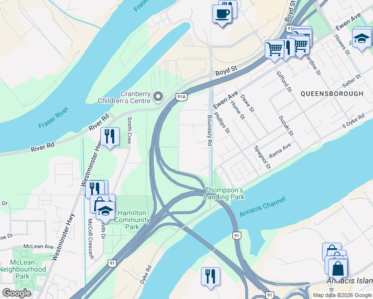 map of restaurants, bars, coffee shops, grocery stores, and more near 4480 Thompson Road in Richmond