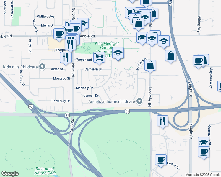 map of restaurants, bars, coffee shops, grocery stores, and more near 12411 Jack Bell Drive in Richmond