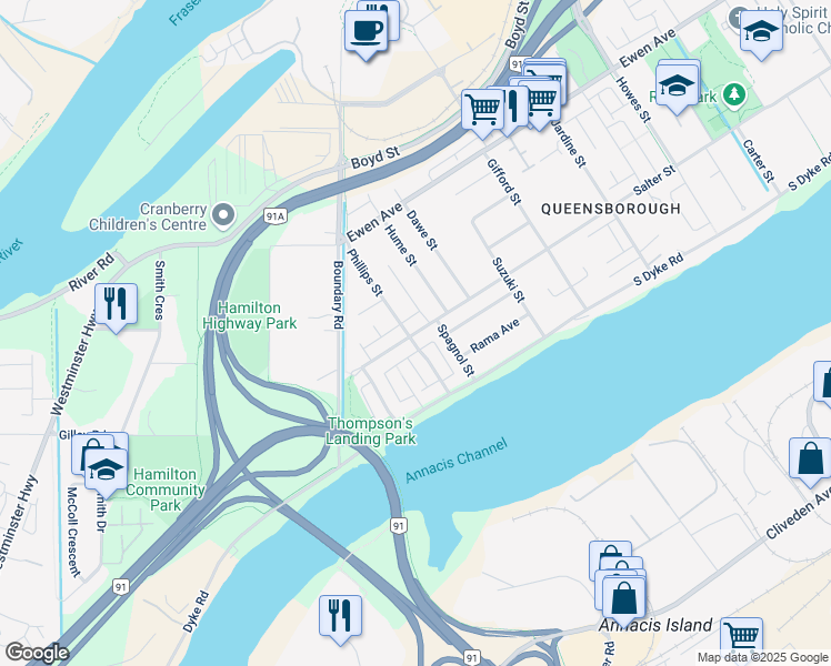 map of restaurants, bars, coffee shops, grocery stores, and more near 1401 Salter Street in New Westminster