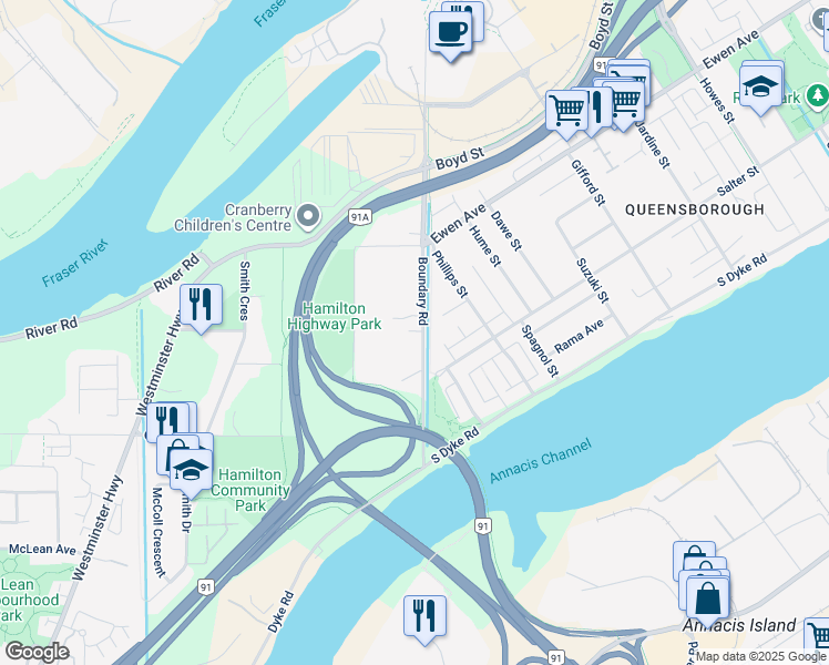 map of restaurants, bars, coffee shops, grocery stores, and more near 4531 Boundary Road in Richmond