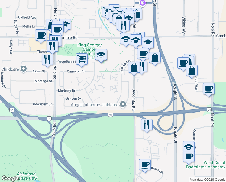 map of restaurants, bars, coffee shops, grocery stores, and more near 12871 Jack Bell Drive in Richmond