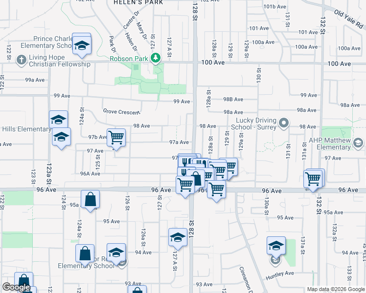 map of restaurants, bars, coffee shops, grocery stores, and more near 12768 97A Avenue in Surrey