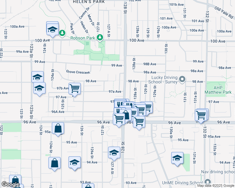 map of restaurants, bars, coffee shops, grocery stores, and more near 12768 97A Avenue in Surrey
