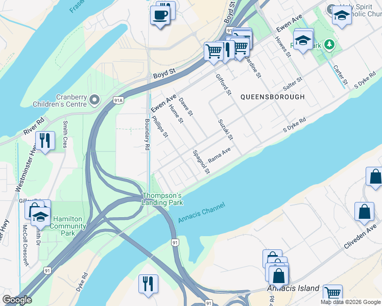 map of restaurants, bars, coffee shops, grocery stores, and more near 190 Spagnol Street in New Westminster