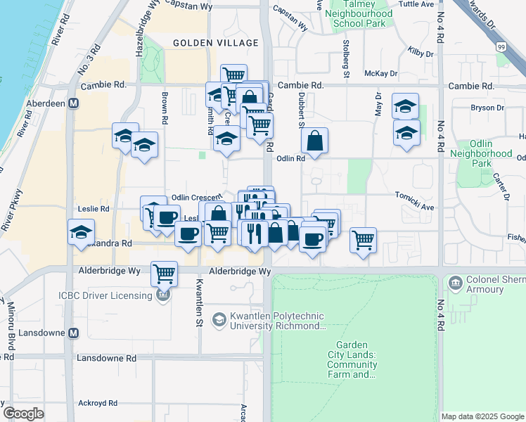 map of restaurants, bars, coffee shops, grocery stores, and more near 4591 Garden City Road in Richmond