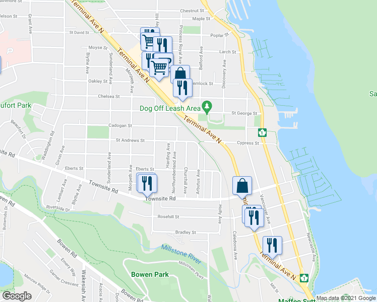 map of restaurants, bars, coffee shops, grocery stores, and more near 760 Churchill Avenue in Nanaimo