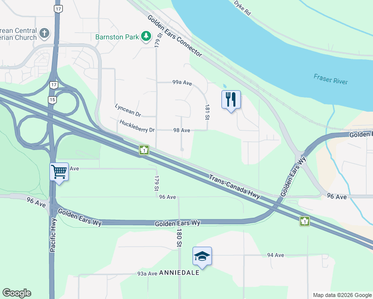 map of restaurants, bars, coffee shops, grocery stores, and more near 9764 180 Street in Surrey