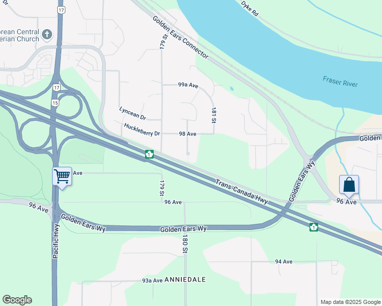map of restaurants, bars, coffee shops, grocery stores, and more near 9764 180 Street in Surrey