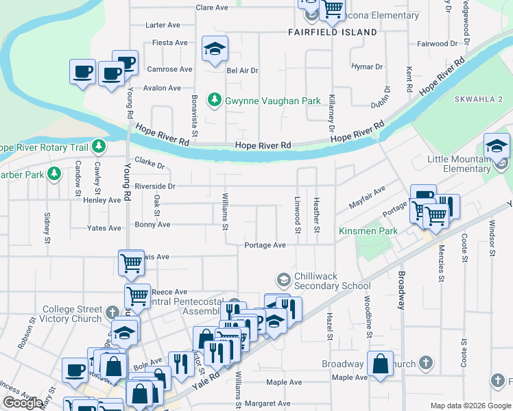 map of restaurants, bars, coffee shops, grocery stores, and more near Magnolia Avenue in Chilliwack