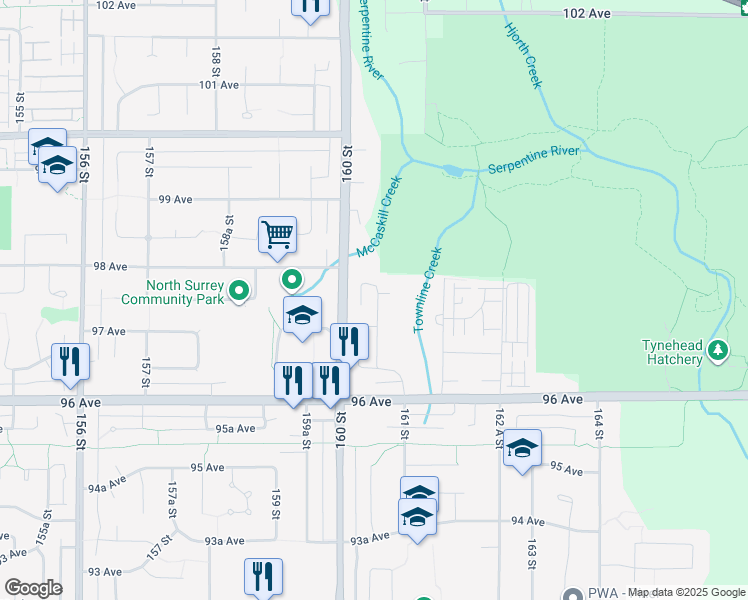 map of restaurants, bars, coffee shops, grocery stores, and more near 16030 97A Avenue in Surrey