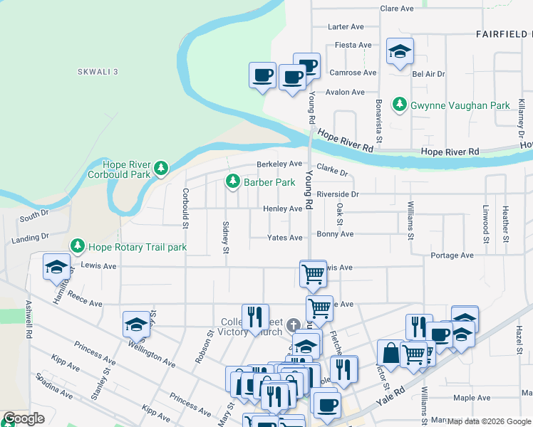 map of restaurants, bars, coffee shops, grocery stores, and more near 45870 Henley Avenue in Chilliwack