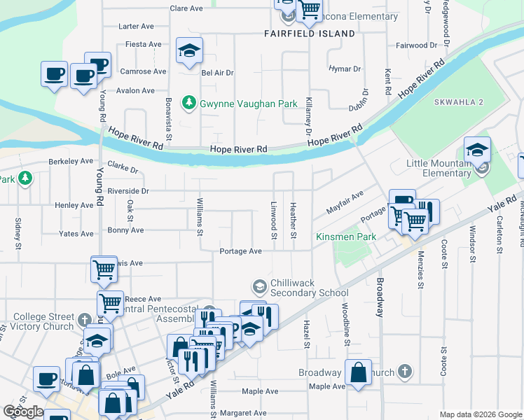 map of restaurants, bars, coffee shops, grocery stores, and more near 46323 Magnolia Avenue in Chilliwack