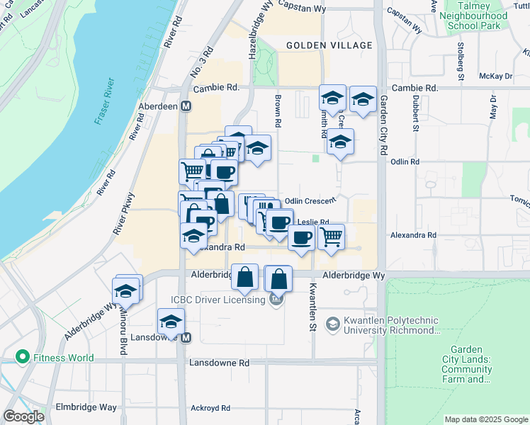 map of restaurants, bars, coffee shops, grocery stores, and more near Leslie Road in Richmond