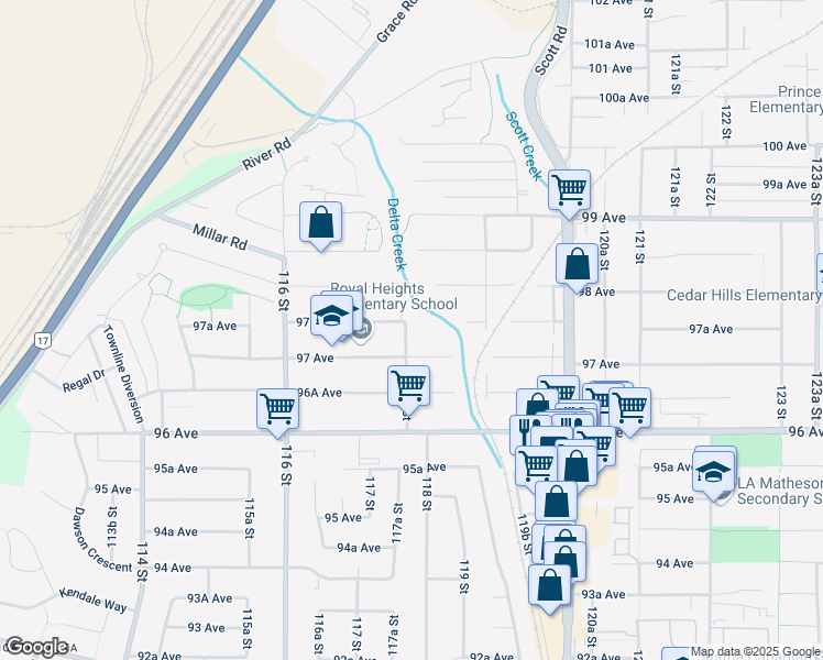 map of restaurants, bars, coffee shops, grocery stores, and more near 9748 117B Street in Surrey