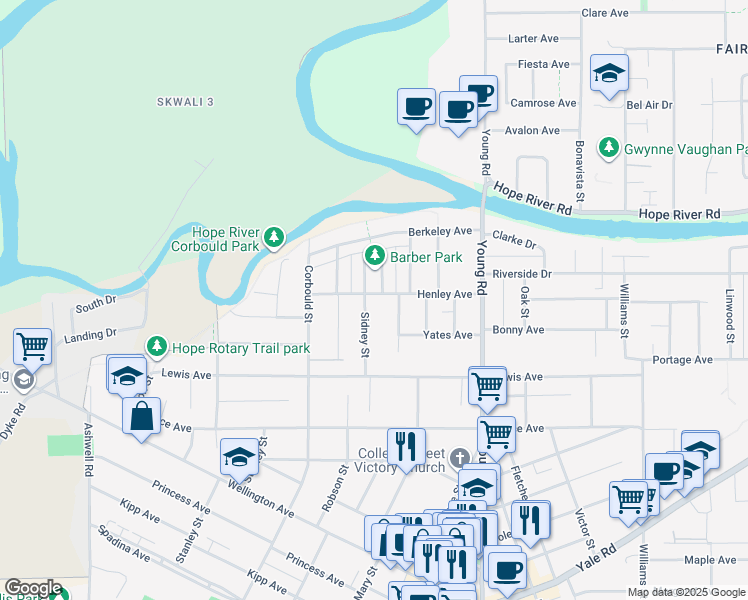 map of restaurants, bars, coffee shops, grocery stores, and more near 45790 Henley Avenue in Chilliwack