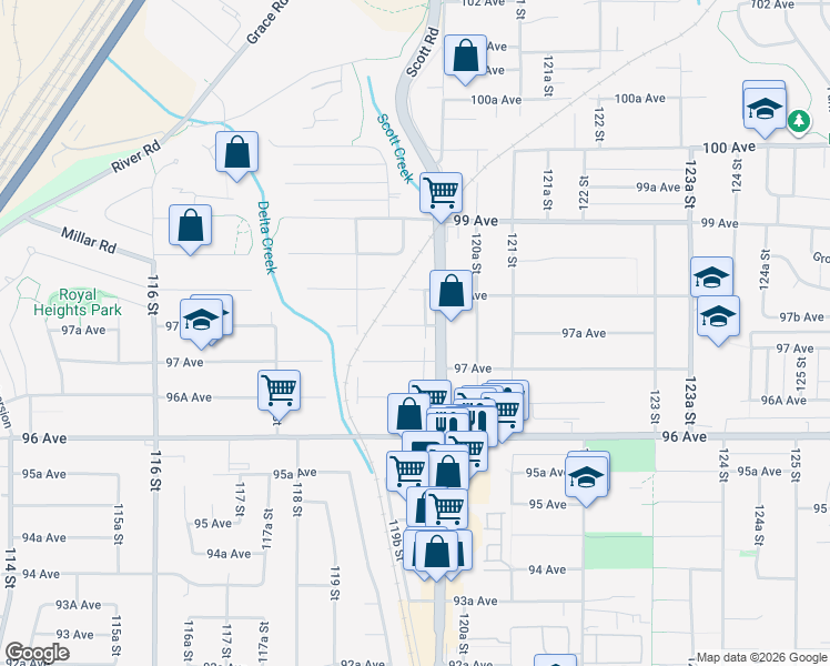 map of restaurants, bars, coffee shops, grocery stores, and more near 11964 97A Avenue in Surrey