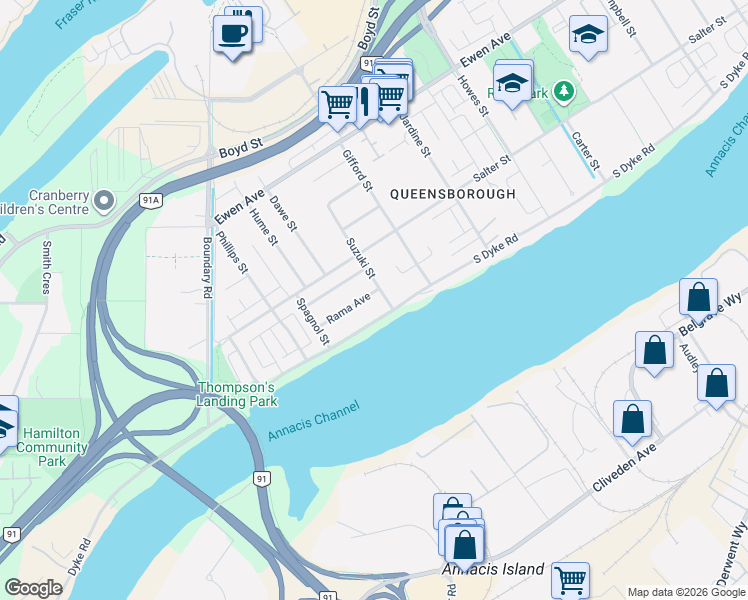 map of restaurants, bars, coffee shops, grocery stores, and more near 1282 Rama Avenue in New Westminster