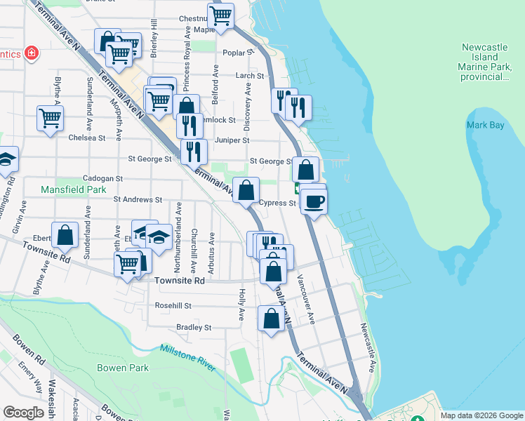 map of restaurants, bars, coffee shops, grocery stores, and more near 231 Walnut Street in Nanaimo