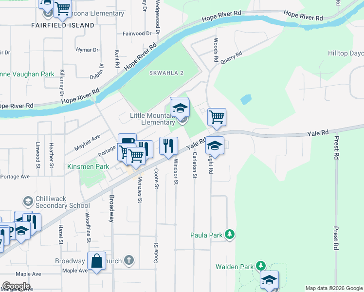 map of restaurants, bars, coffee shops, grocery stores, and more near 9875 Carleton Street in Chilliwack