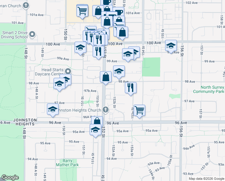 map of restaurants, bars, coffee shops, grocery stores, and more near 9771 152B Street in Surrey