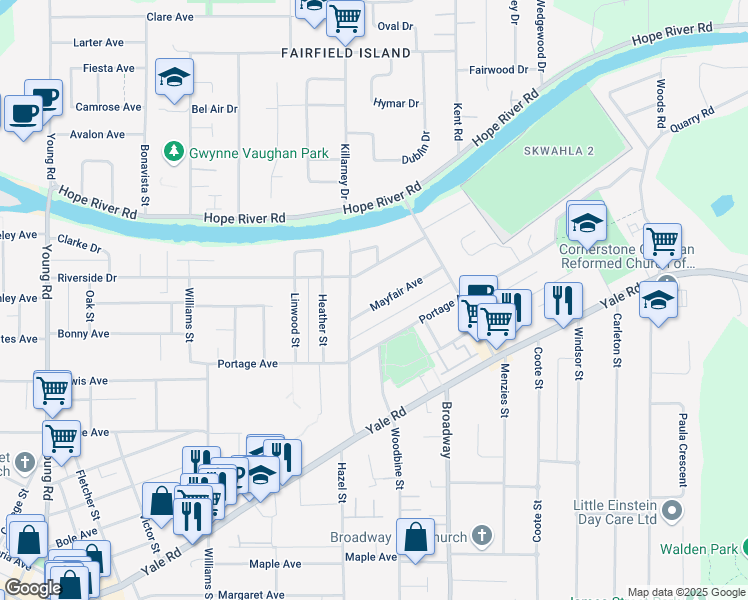 map of restaurants, bars, coffee shops, grocery stores, and more near 46485 Mayfair Avenue in Chilliwack