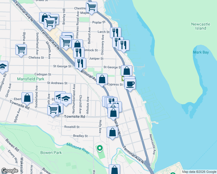 map of restaurants, bars, coffee shops, grocery stores, and more near 275 Cypress Street in Nanaimo