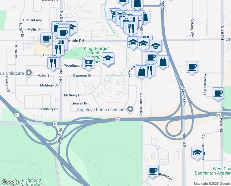 map of restaurants, bars, coffee shops, grocery stores, and more near 12871 Jack Bell Drive in Richmond