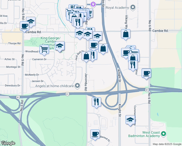 map of restaurants, bars, coffee shops, grocery stores, and more near 13260 Delf Place in Richmond