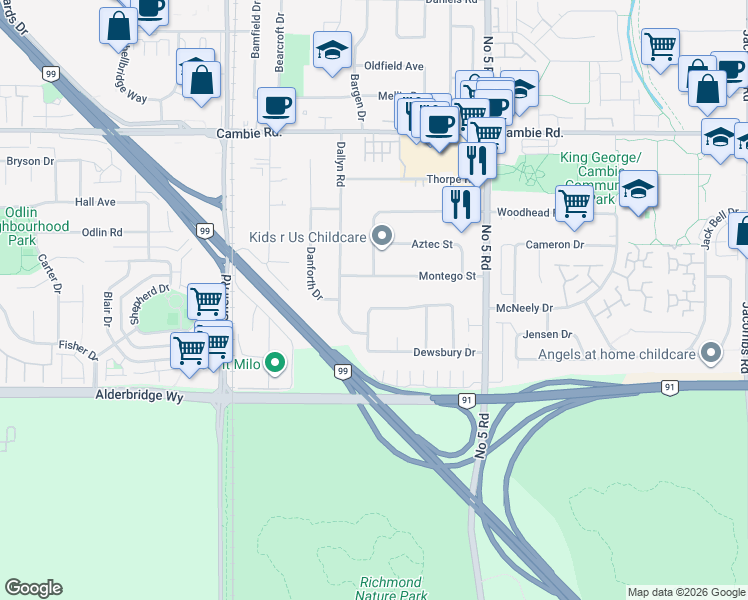 map of restaurants, bars, coffee shops, grocery stores, and more near 4391 Deerfield Crescent in Richmond
