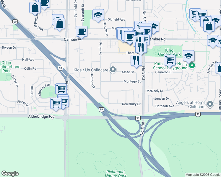 map of restaurants, bars, coffee shops, grocery stores, and more near 4391 Deerfield Crescent in Richmond
