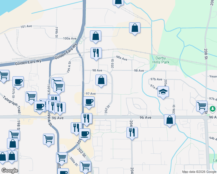 map of restaurants, bars, coffee shops, grocery stores, and more near 20279 97 Avenue in Langley Township
