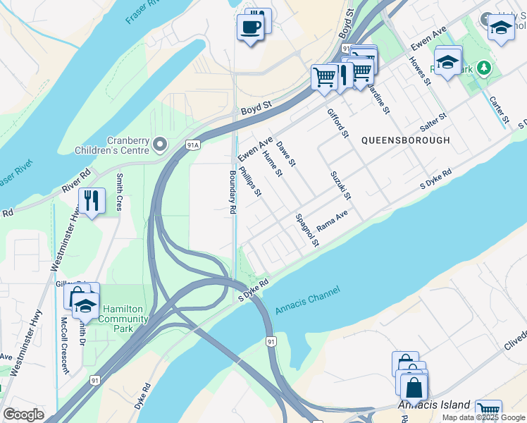 map of restaurants, bars, coffee shops, grocery stores, and more near 200 Phillips Street in New Westminster