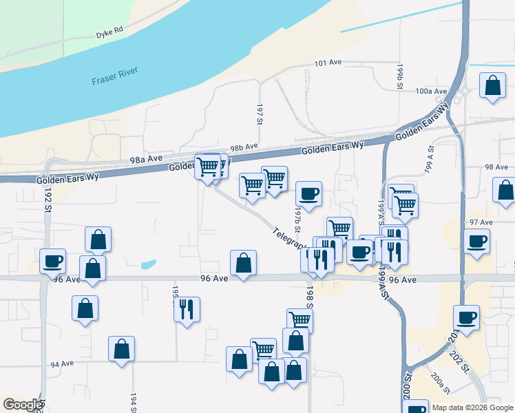 map of restaurants, bars, coffee shops, grocery stores, and more near 9770 196 A Street in Langley Township