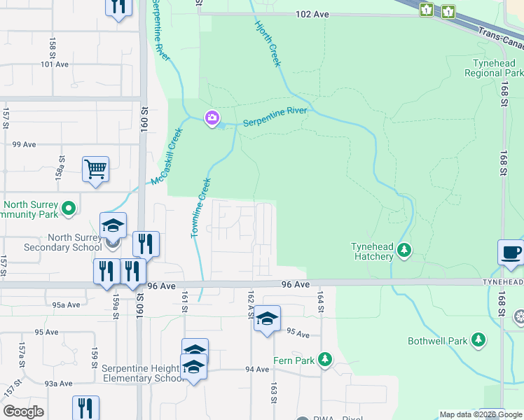 map of restaurants, bars, coffee shops, grocery stores, and more near 9688 162 A Street in Surrey
