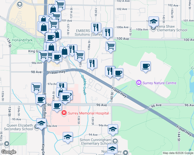 map of restaurants, bars, coffee shops, grocery stores, and more near 13931 Fraser Highway in Surrey
