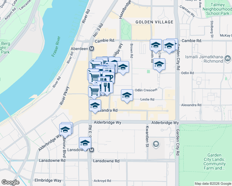 map of restaurants, bars, coffee shops, grocery stores, and more near 8251 Leslie Road in Richmond