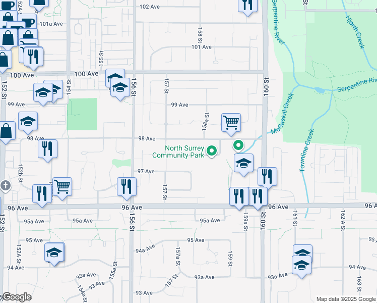 map of restaurants, bars, coffee shops, grocery stores, and more near 15773 97A Avenue in Surrey