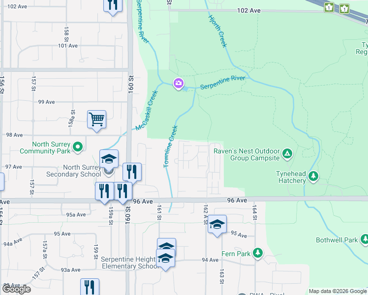 map of restaurants, bars, coffee shops, grocery stores, and more near 9718 161A Street in Surrey
