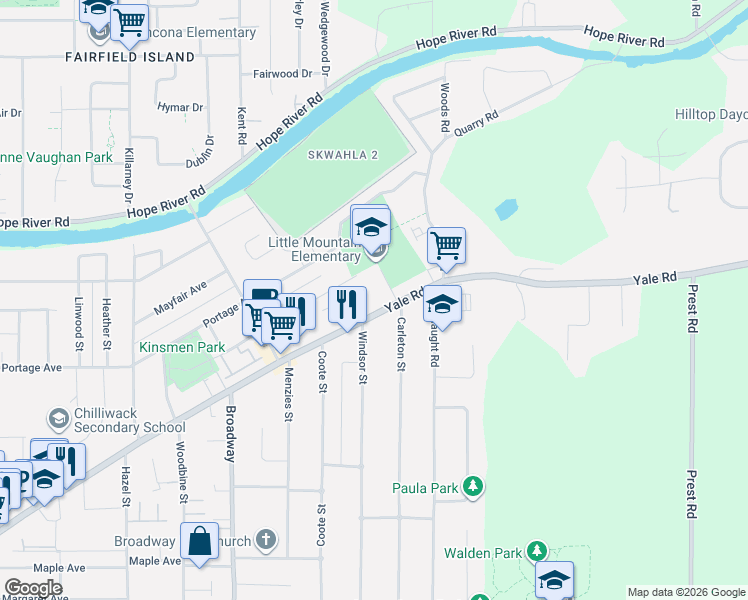 map of restaurants, bars, coffee shops, grocery stores, and more near 9875 Carleton Street in Chilliwack