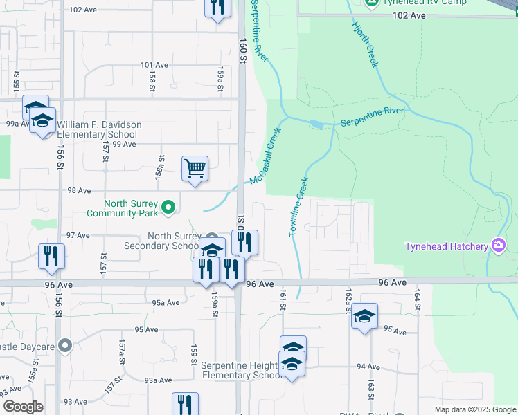 map of restaurants, bars, coffee shops, grocery stores, and more near 9765 160A Street in Surrey