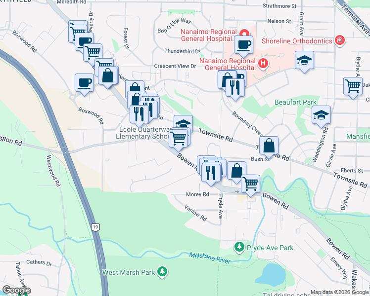 map of restaurants, bars, coffee shops, grocery stores, and more near 1632 Bowen Road in Nanaimo
