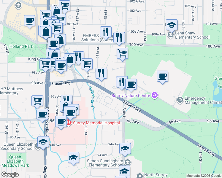 map of restaurants, bars, coffee shops, grocery stores, and more near 9765 140 Street in Surrey