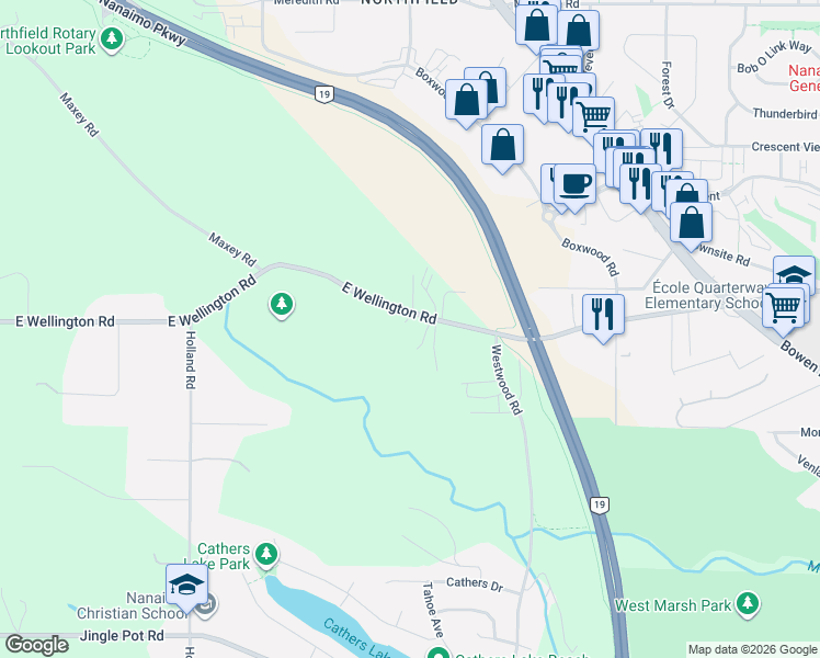 map of restaurants, bars, coffee shops, grocery stores, and more near 2091 East Wellington Road in Nanaimo