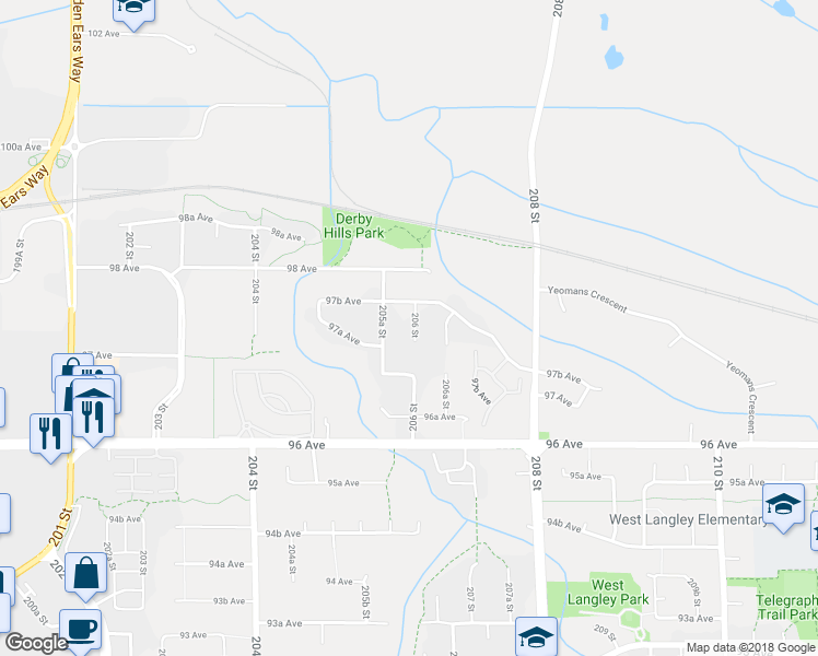 map of restaurants, bars, coffee shops, grocery stores, and more near 9749 206 Street in Langley
