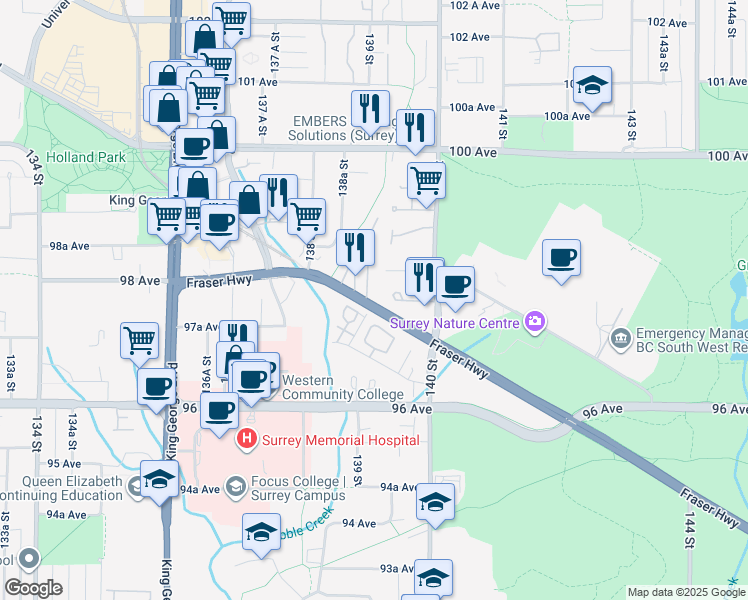 map of restaurants, bars, coffee shops, grocery stores, and more near 13931 Fraser Highway in Surrey