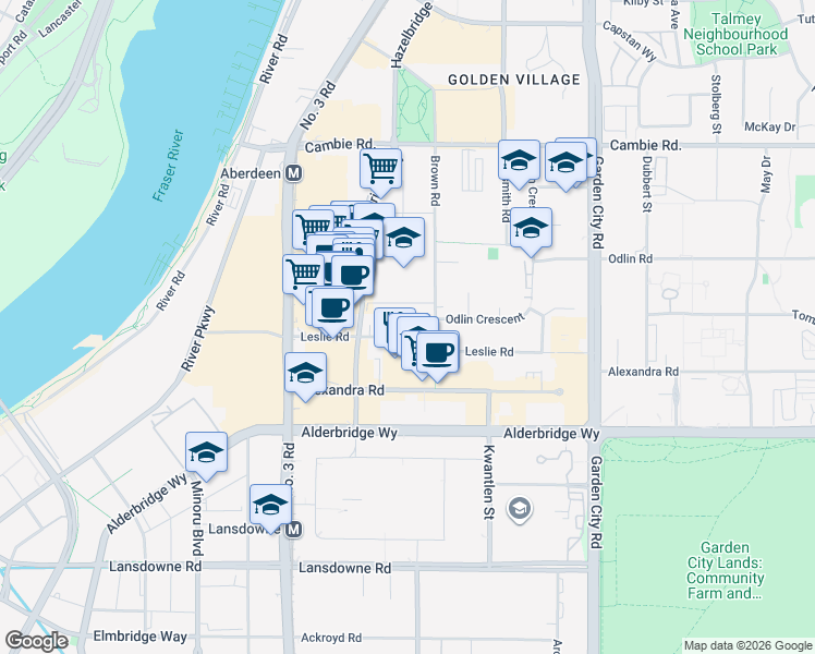 map of restaurants, bars, coffee shops, grocery stores, and more near 8331 Leslie Road in Richmond