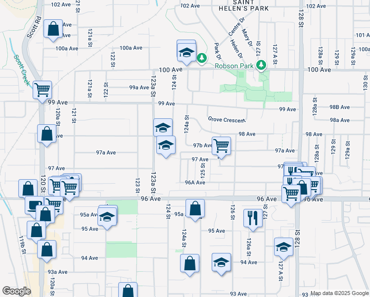 map of restaurants, bars, coffee shops, grocery stores, and more near 12448 97B Avenue in Surrey