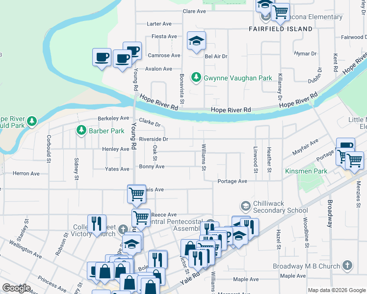 map of restaurants, bars, coffee shops, grocery stores, and more near 46118 Riverside Drive in Chilliwack
