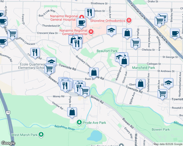 map of restaurants, bars, coffee shops, grocery stores, and more near 1311 Boundary Crescent in Nanaimo