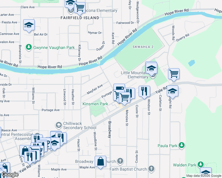 map of restaurants, bars, coffee shops, grocery stores, and more near 46591 Portage Avenue in Chilliwack